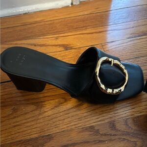 Black Slide Mule with Gold Ring Accent - Women's Shoe